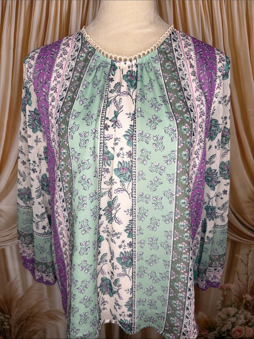 LOFT Mint Green and Purple Floral Peasant Blouse